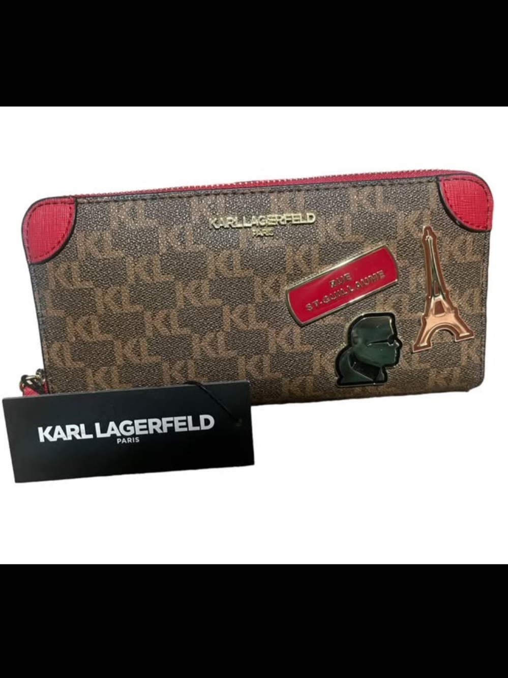 NWT Karl Lagerfeld Brown Monogram Zip Wallet with Red Trim